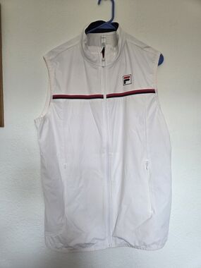 Lightweight FILA White Sleeveless Zip Vest with Red & Navy Stripe, L